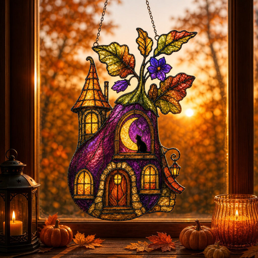 Purple Witch Cottage with Crescent Moon acrylic suncatcher in a warm, softly lit interior
