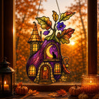 Purple Witch Cottage with Crescent Moon acrylic suncatcher in a warm, softly lit interior