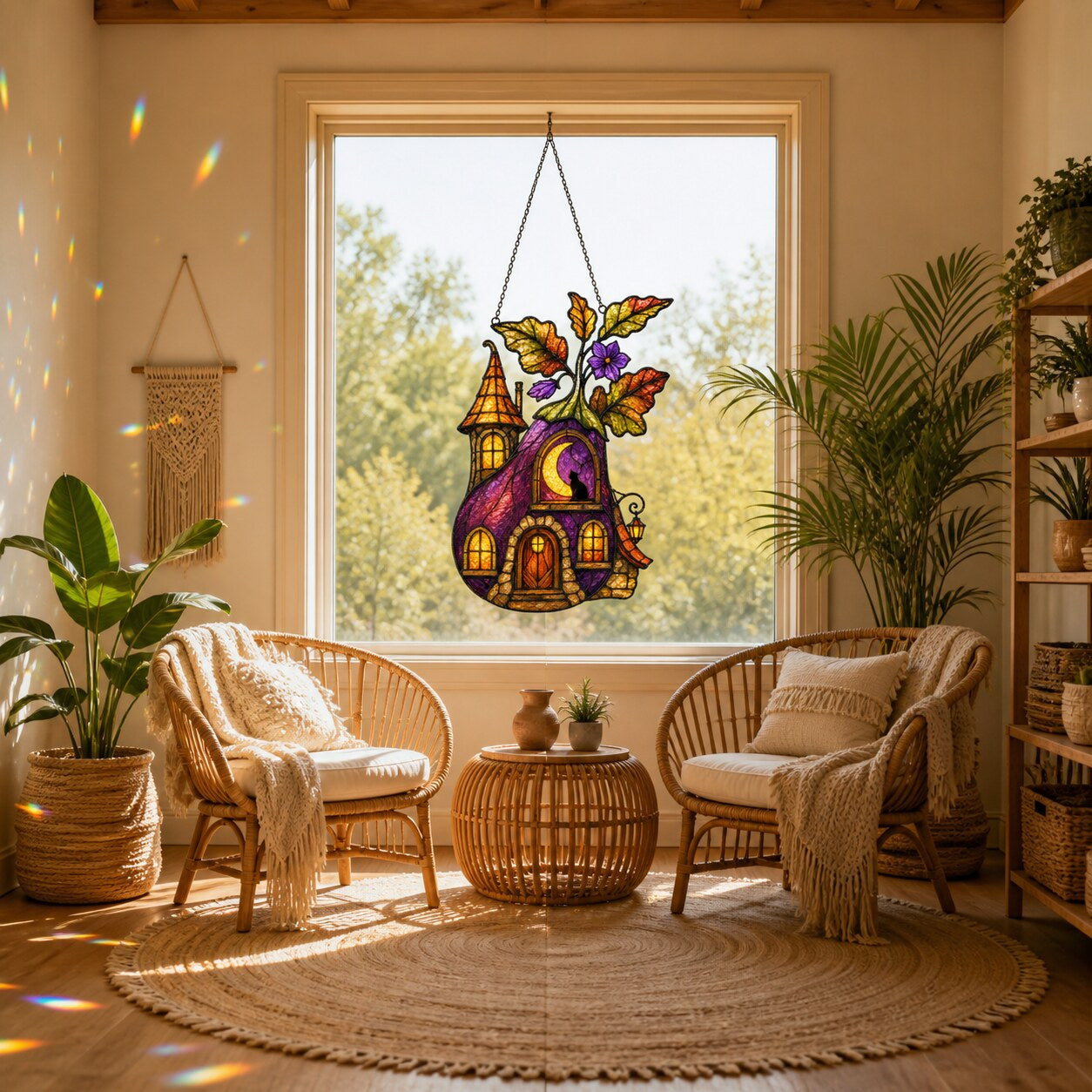 Purple Witch Cottage with Crescent Moon holographic acrylic suncatcher in natural daylight