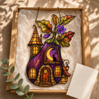 Purple Witch Cottage with Crescent Moon window hanging suncatcher with rainbow light reflections