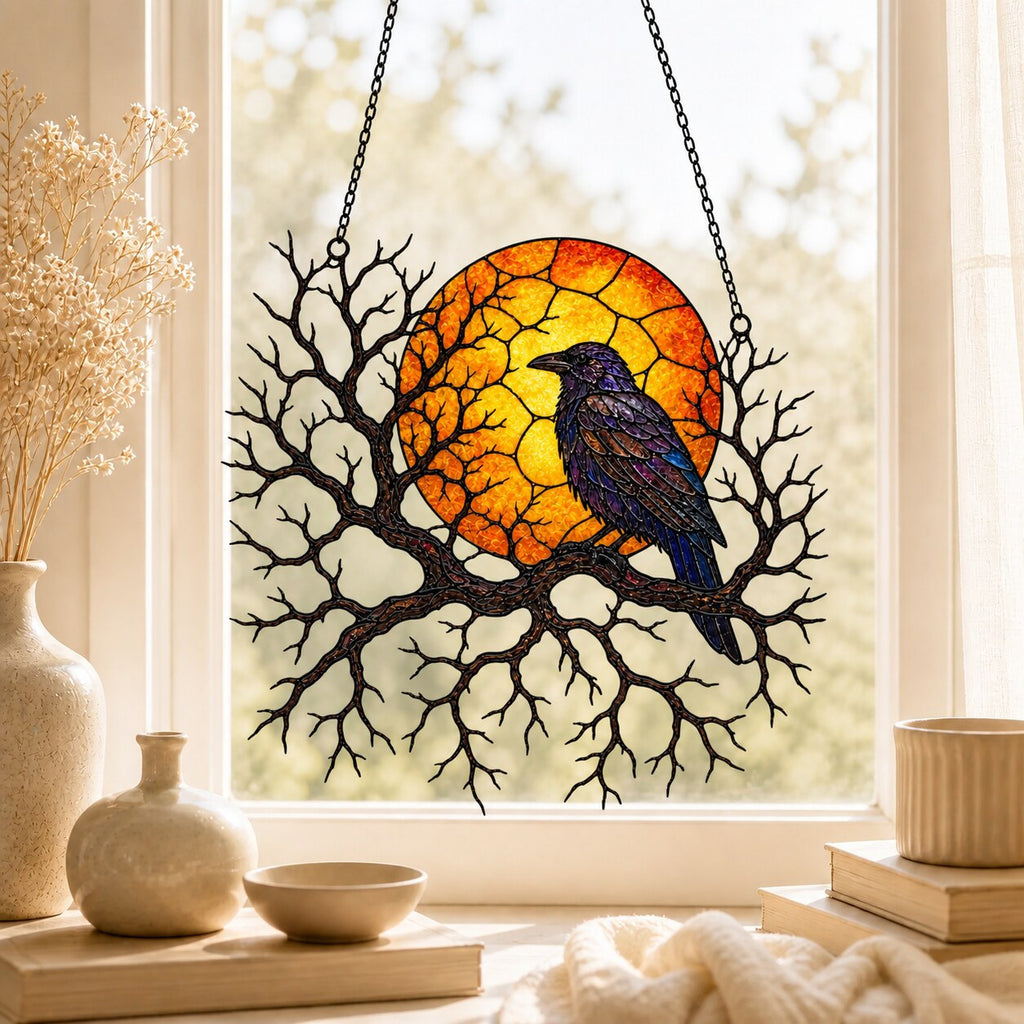 Raven on Branch with Harvest Moon holographic acrylic suncatcher hanging in a sunlit window
