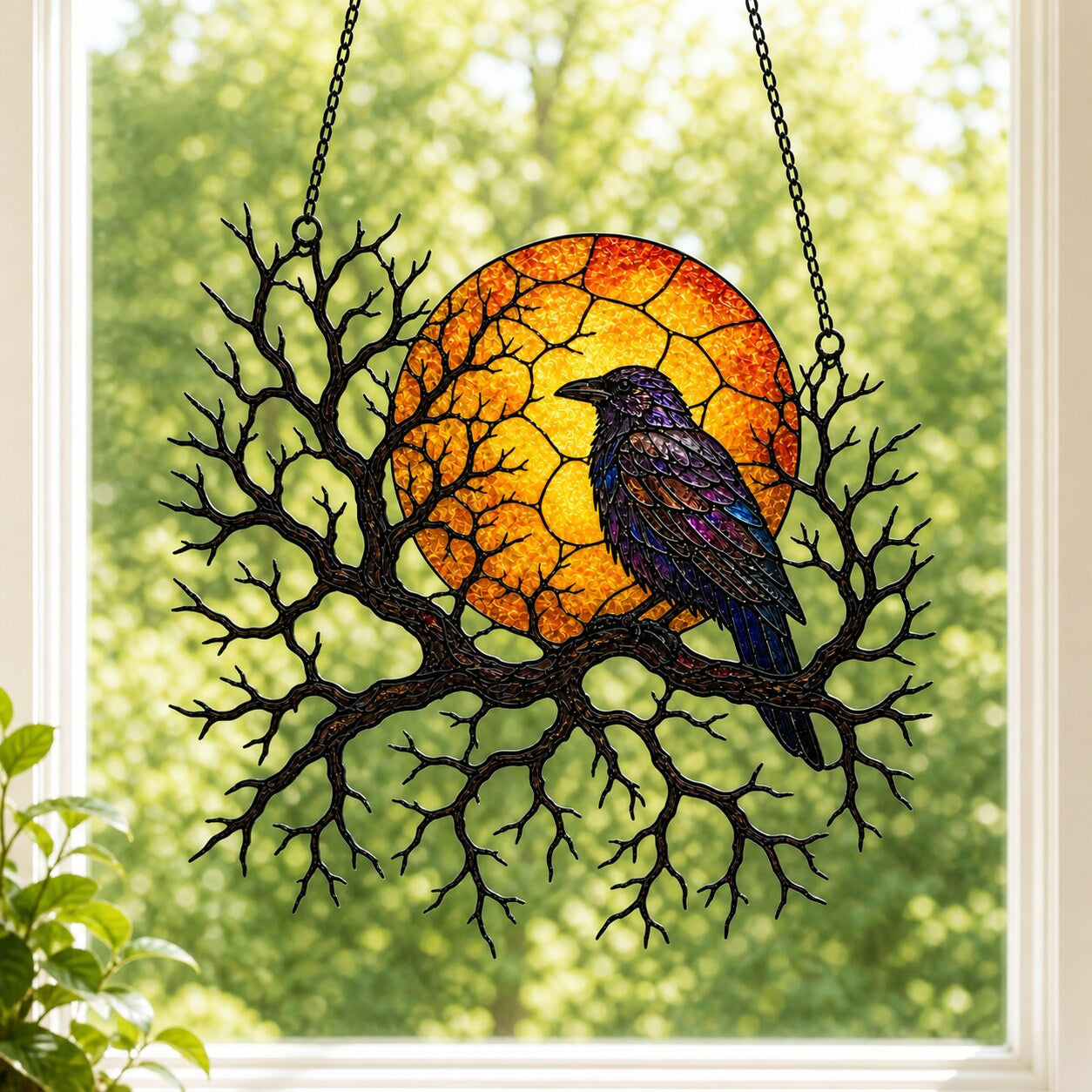 Close-up of the Raven on Branch with Harvest Moon holographic suncatcher showing its stained-glass style artwork