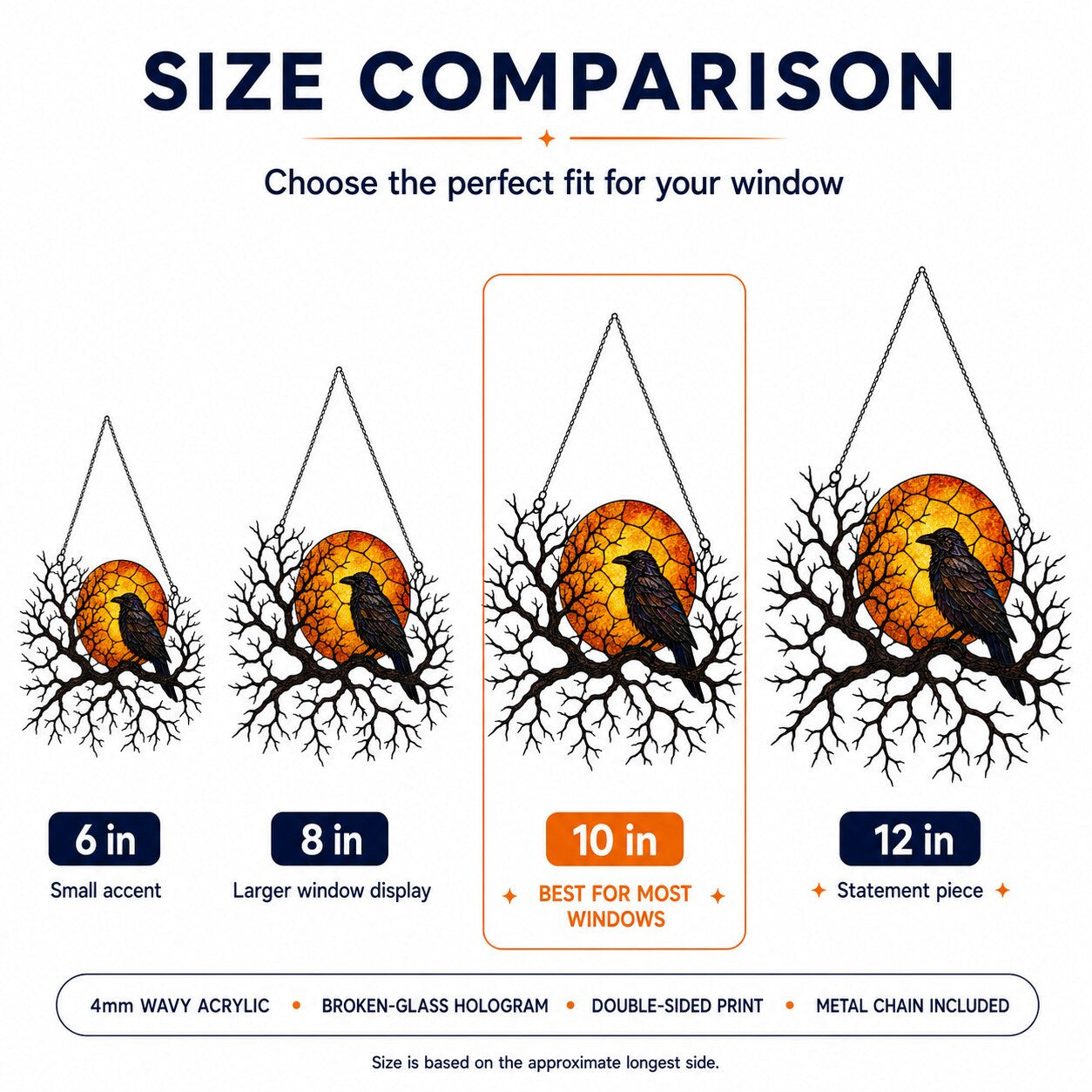 Size comparison chart for the Raven on Branch with Harvest Moon suncatcher: 6, 8, 10 and 12 inch options
