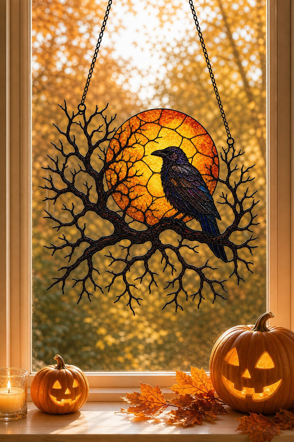 Raven on Branch with Harvest Moon suncatcher on its metal hanging chain in a bright window