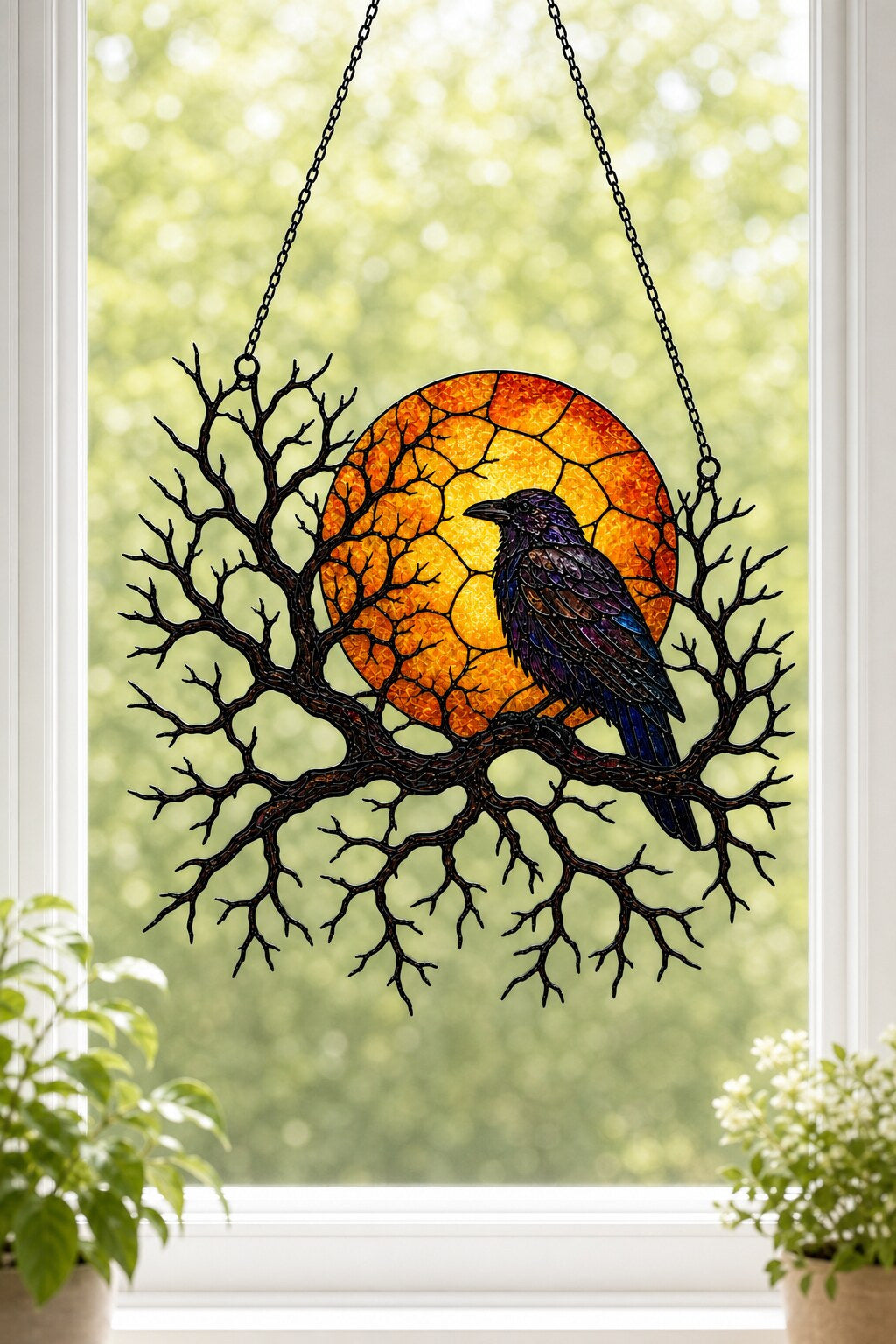 Raven on Branch with Harvest Moon holographic acrylic suncatcher styled in a cozy room