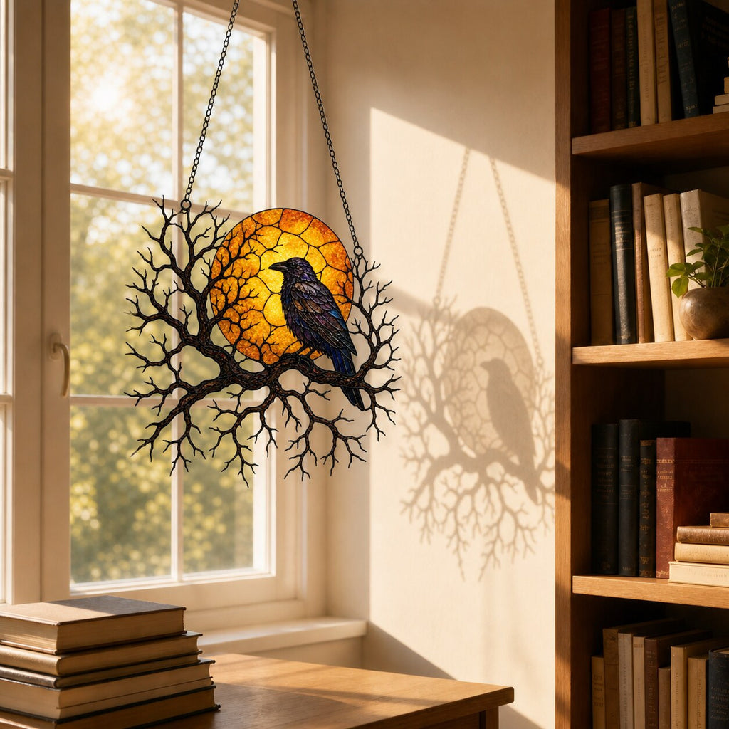 Raven on Branch with Harvest Moon holographic suncatcher hanging in a living room window