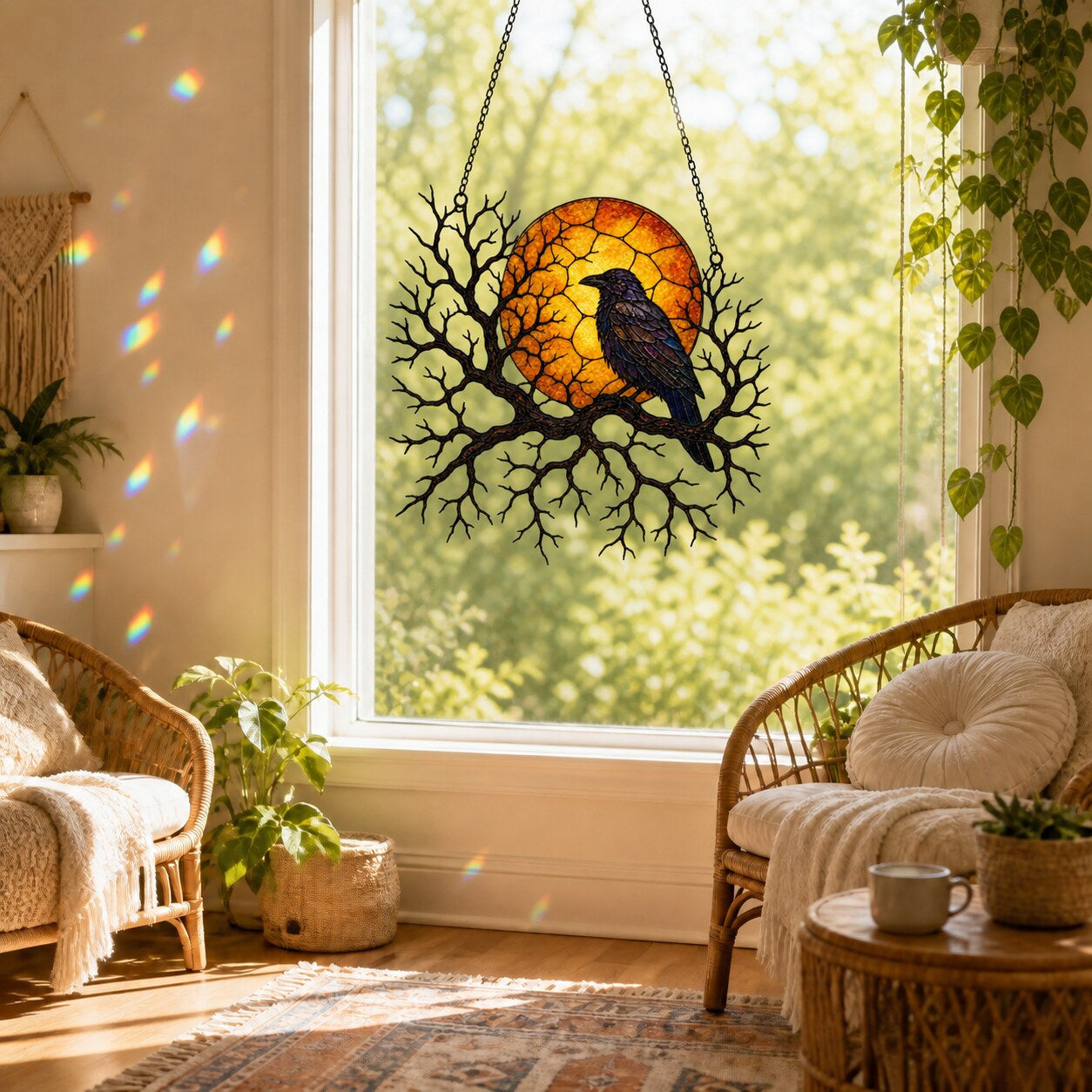 Raven on Branch with Harvest Moon acrylic suncatcher in a warm, softly lit interior