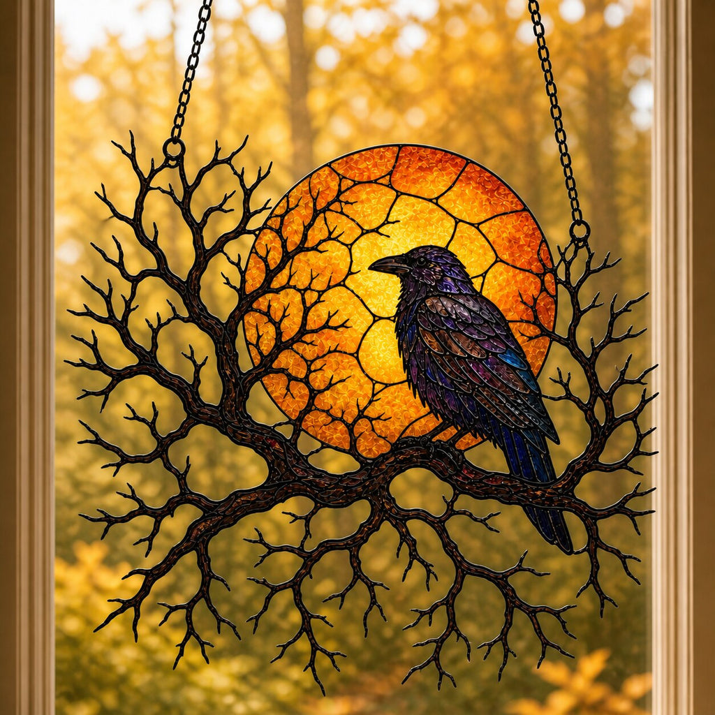 Raven on Branch with Harvest Moon suncatcher displayed in a home window