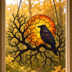Raven on Branch with Harvest Moon suncatcher displayed in a home window