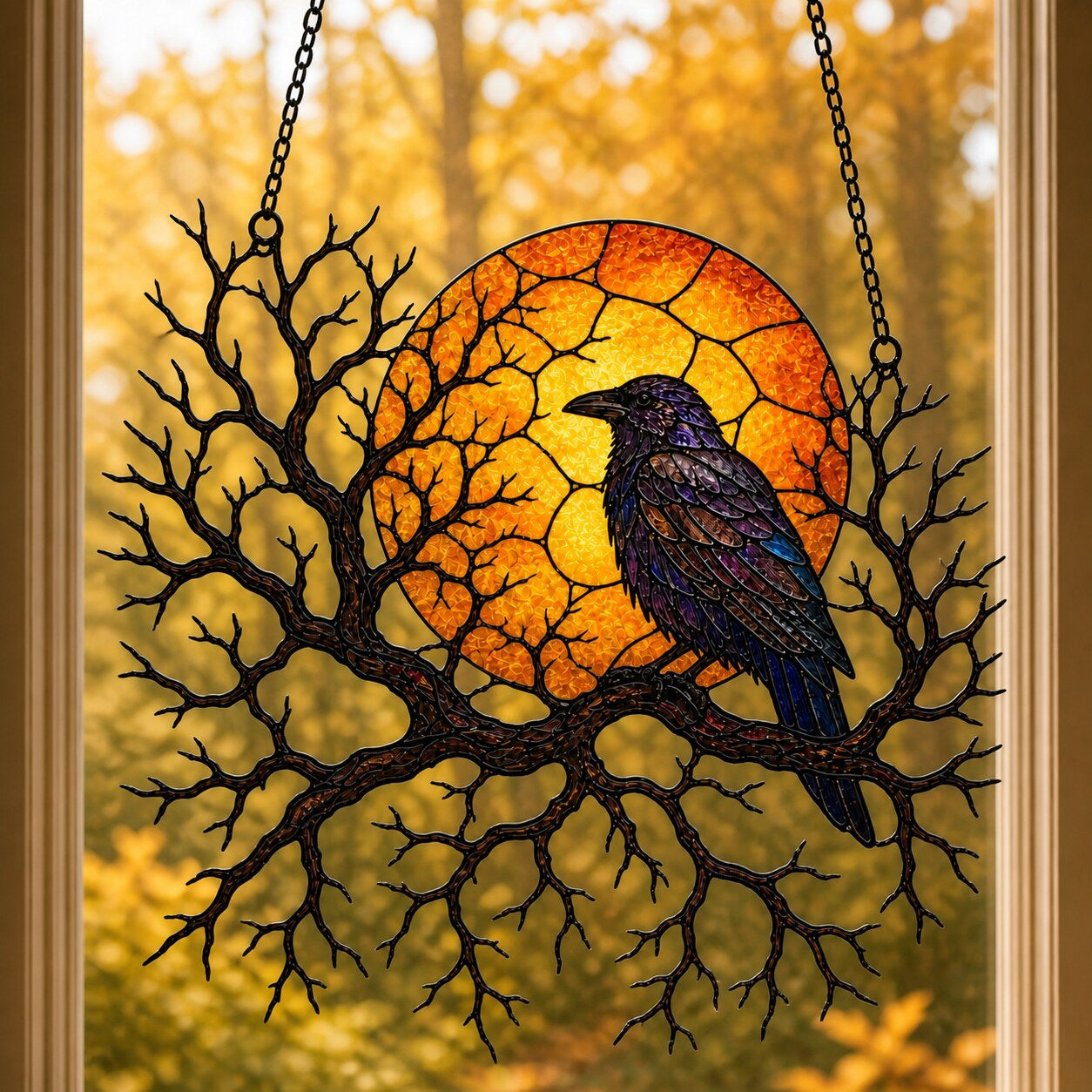 Raven on Branch with Harvest Moon suncatcher displayed in a home window