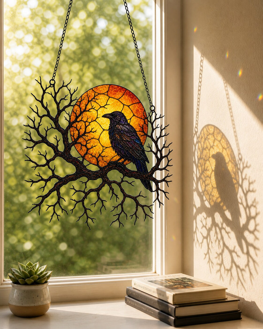 Raven on Branch with Harvest Moon holographic acrylic suncatcher in natural daylight