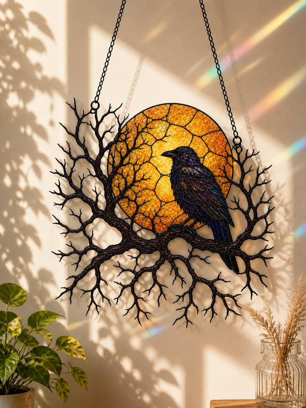 Raven on Branch with Harvest Moon window hanging suncatcher with rainbow light reflections