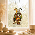 Mushrooms, Ferns and Skull holographic acrylic suncatcher hanging in a sunlit window