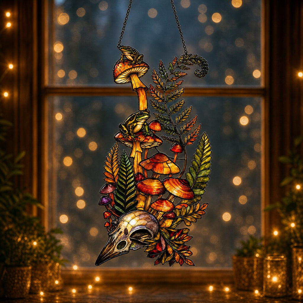Mushrooms, Ferns and Skull suncatcher catching afternoon light in a home window