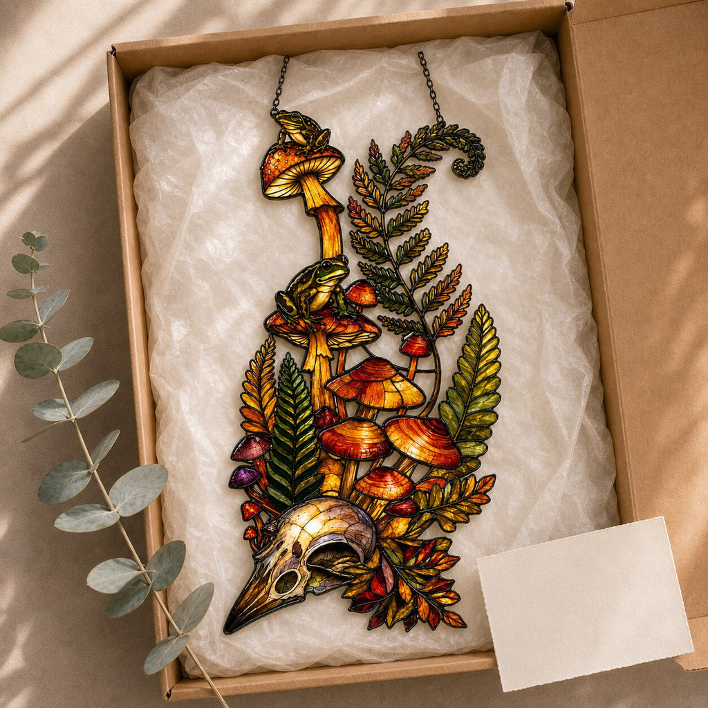 Close-up of the Mushrooms, Ferns and Skull holographic suncatcher showing its stained-glass style artwork