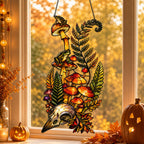 Mushrooms, Ferns and Skull suncatcher on its metal hanging chain in a bright window