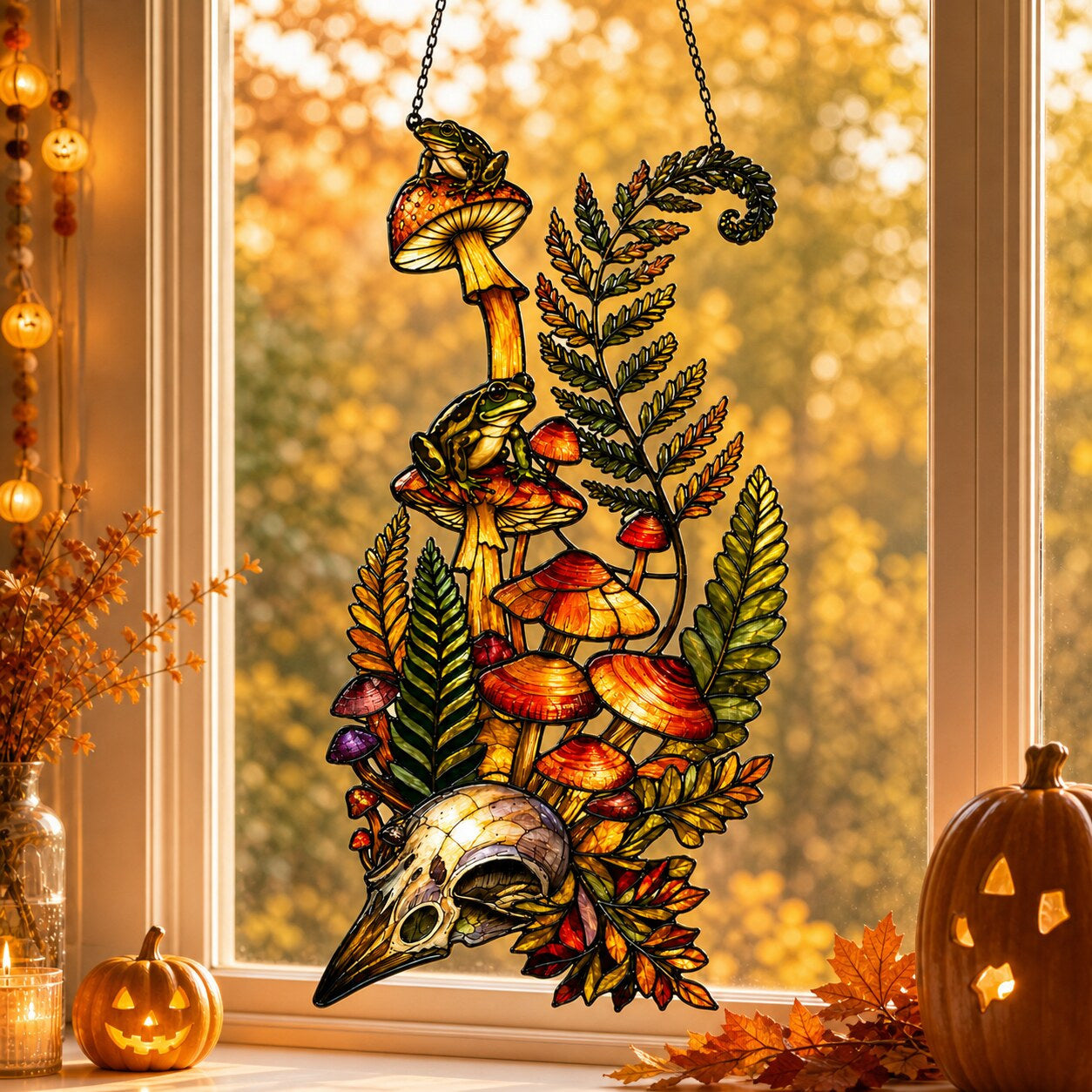 Mushrooms, Ferns and Skull suncatcher on its metal hanging chain in a bright window