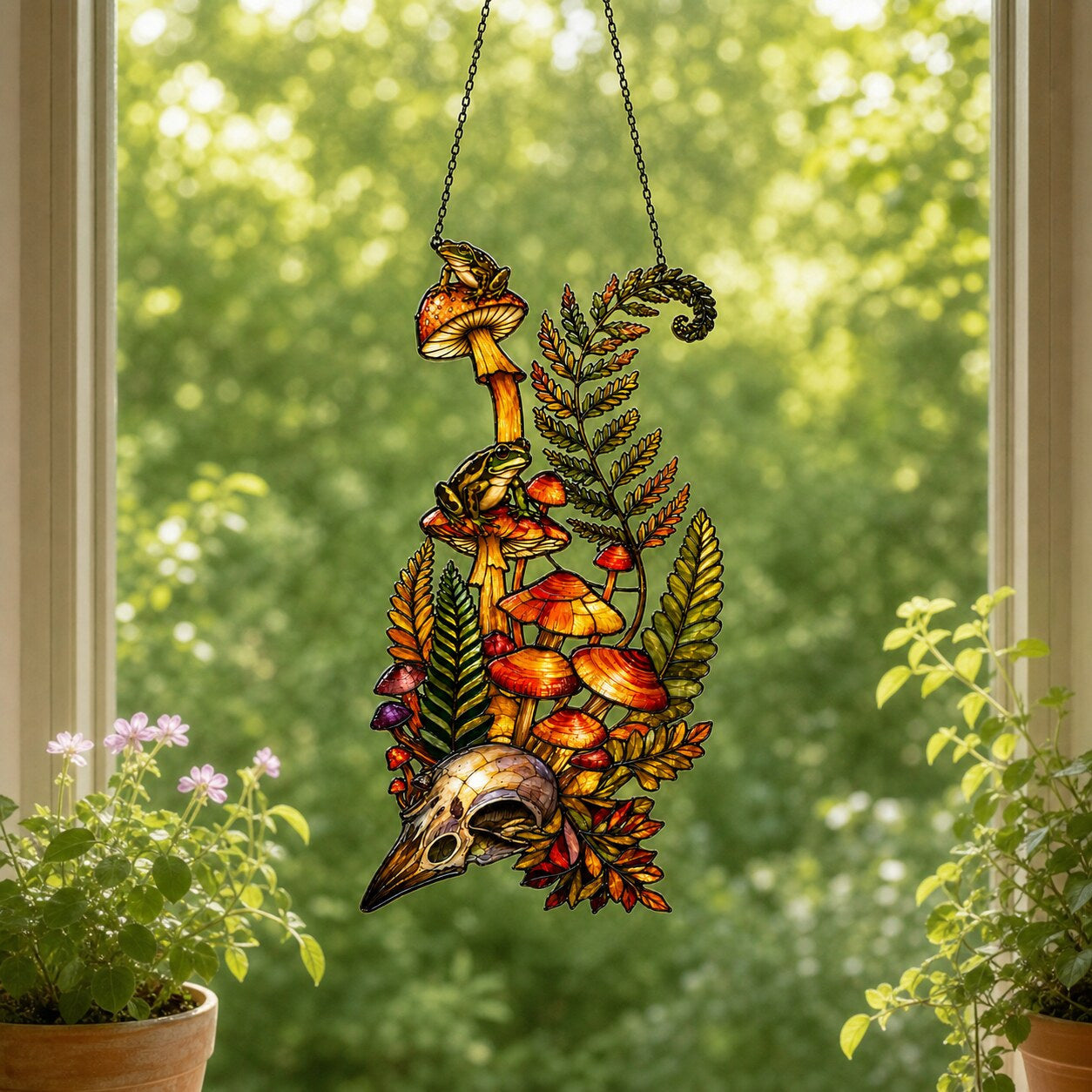 Mushrooms, Ferns and Skull holographic acrylic suncatcher styled in a cozy room