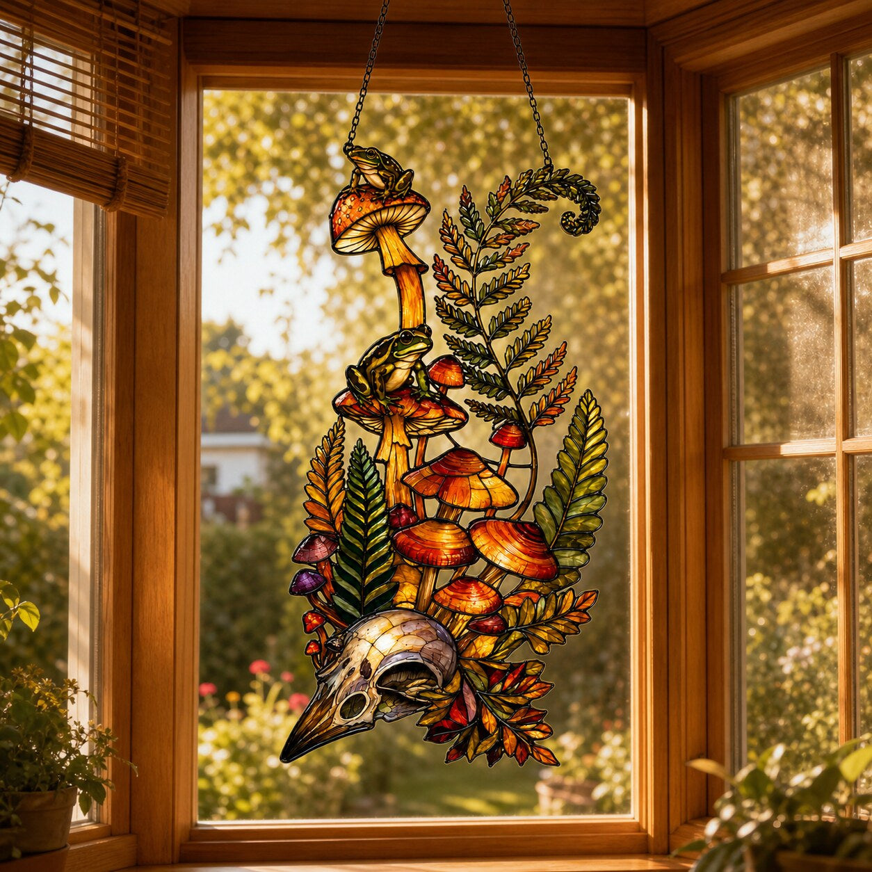 Mushrooms, Ferns and Skull window suncatcher seen against a sunlit garden
