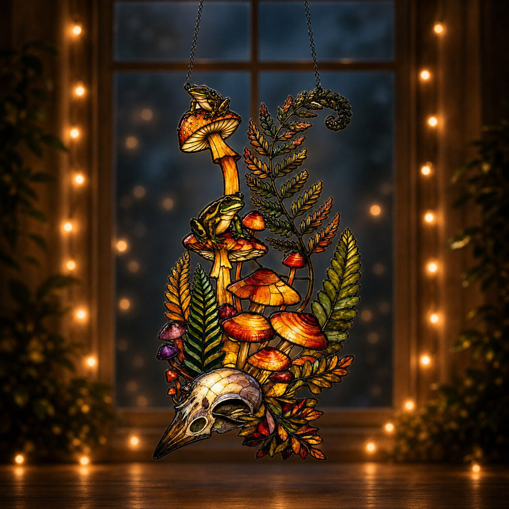 Mushrooms, Ferns and Skull holographic suncatcher hanging in a living room window