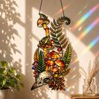 Mushrooms, Ferns and Skull acrylic suncatcher in a warm, softly lit interior
