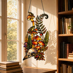 Mushrooms, Ferns and Skull suncatcher displayed in a home window
