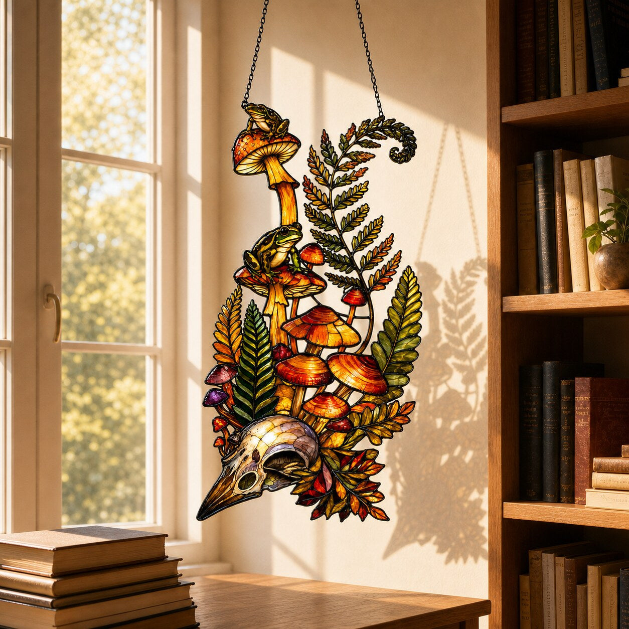 Mushrooms, Ferns and Skull suncatcher displayed in a home window