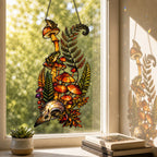 Mushrooms, Ferns and Skull holographic acrylic suncatcher in natural daylight