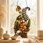 Mushrooms, Ferns and Skull suncatcher beside a window with seasonal decor
