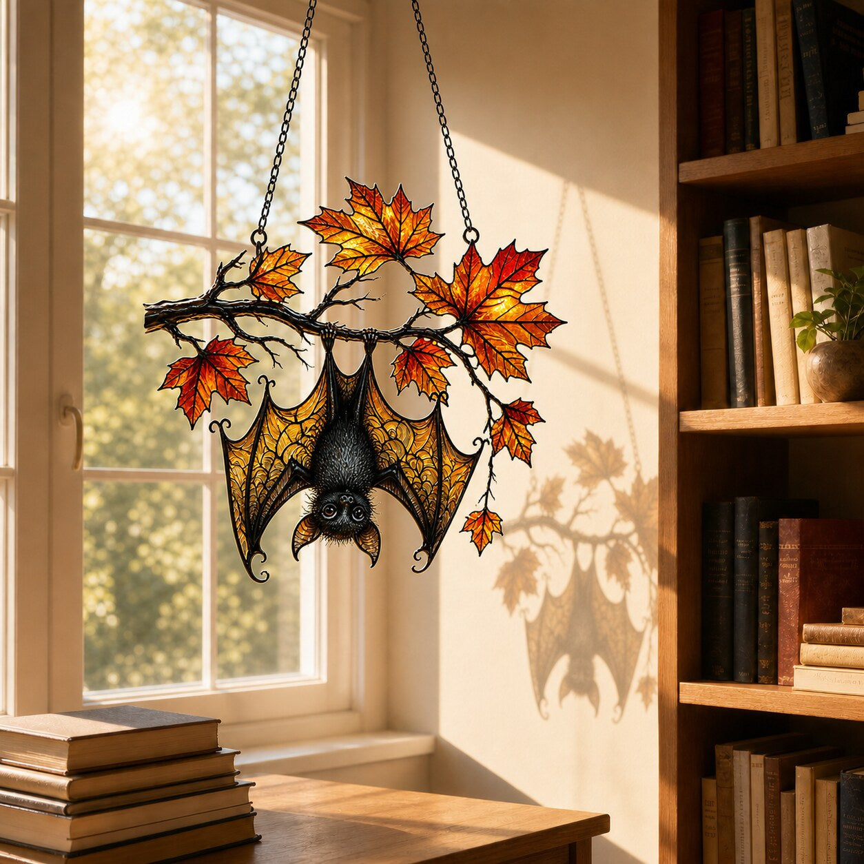 Sleeping Bat under Maple Branch holographic acrylic suncatcher hanging in a sunlit window