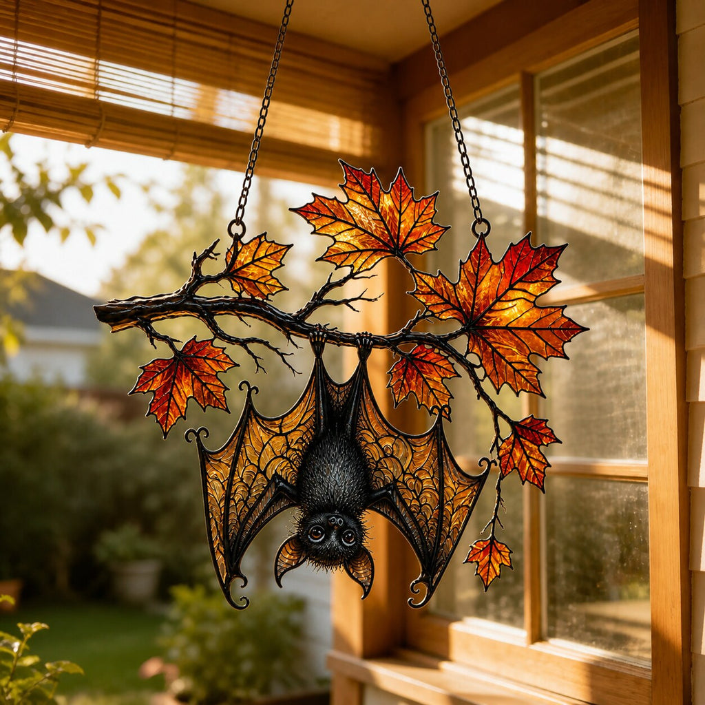 Sleeping Bat under Maple Branch suncatcher catching afternoon light in a home window