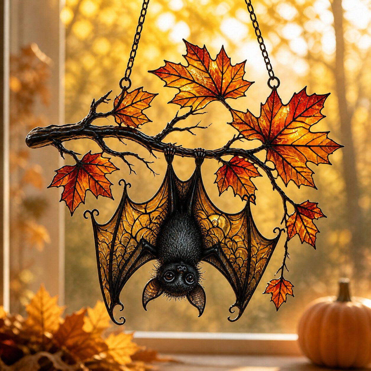 Close-up of the Sleeping Bat under Maple Branch holographic suncatcher showing its stained-glass style artwork