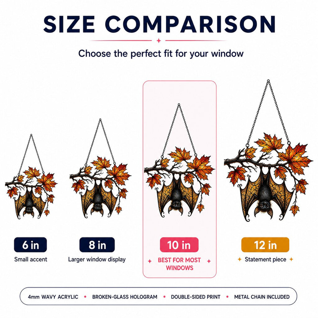 Size comparison chart for the Sleeping Bat under Maple Branch suncatcher: 6, 8, 10 and 12 inch options