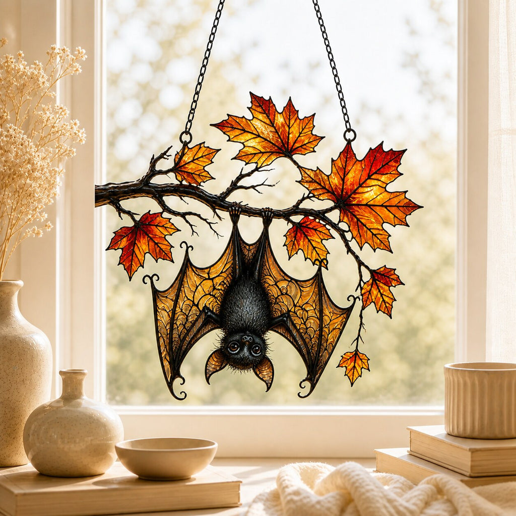 Sleeping Bat under Maple Branch holographic suncatcher with sunlight passing through the acrylic