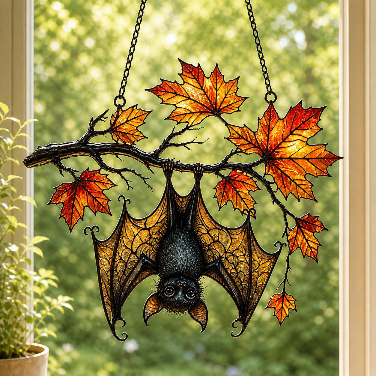 Sleeping Bat under Maple Branch suncatcher on its metal hanging chain in a bright window