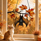 Sleeping Bat under Maple Branch holographic acrylic suncatcher styled in a cozy room