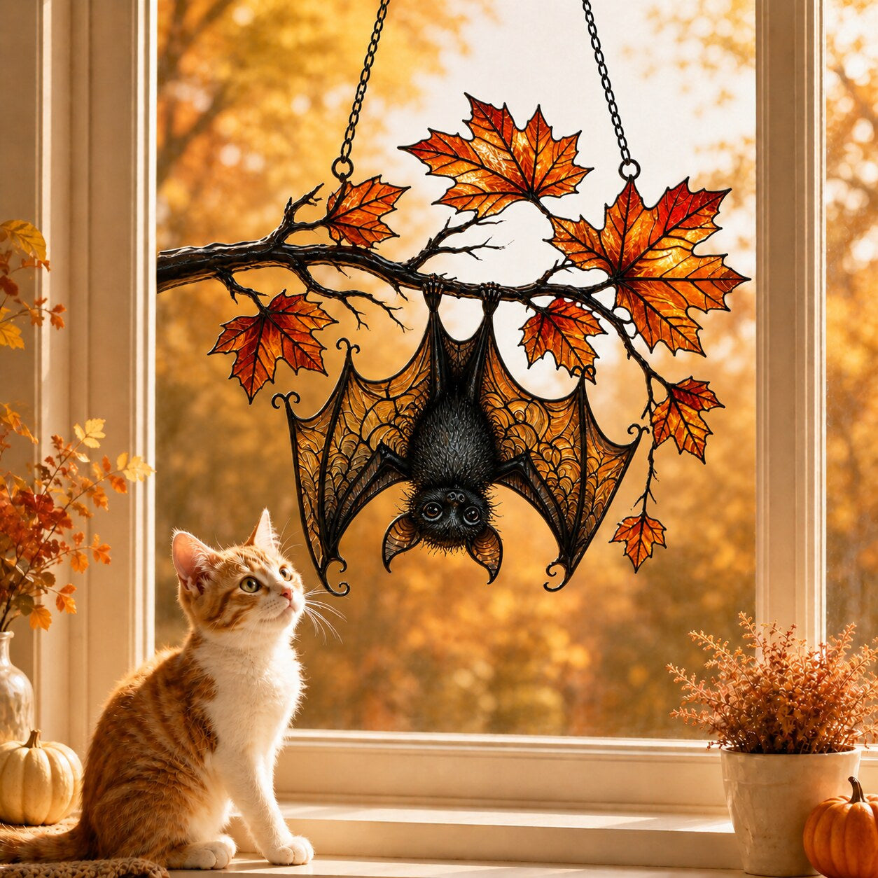 Sleeping Bat under Maple Branch holographic acrylic suncatcher styled in a cozy room