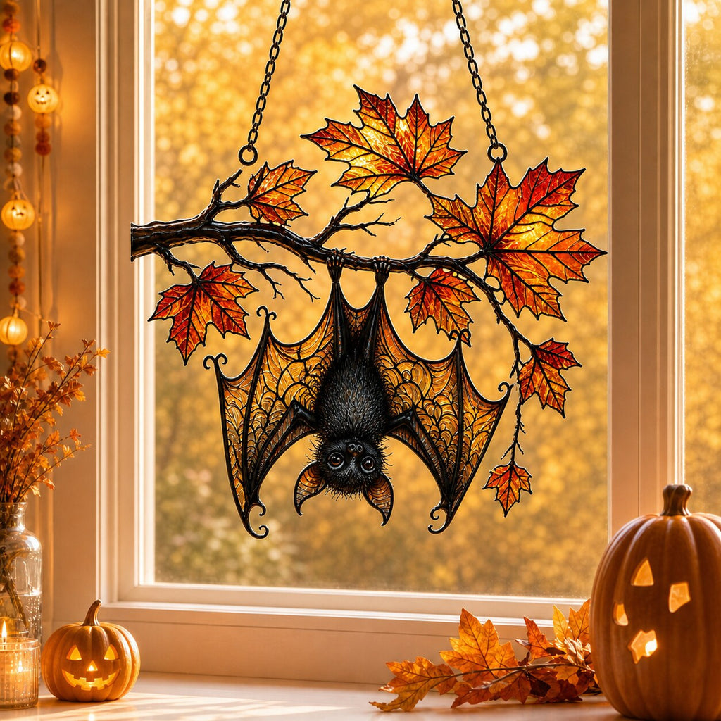 Sleeping Bat under Maple Branch window suncatcher seen against a sunlit garden