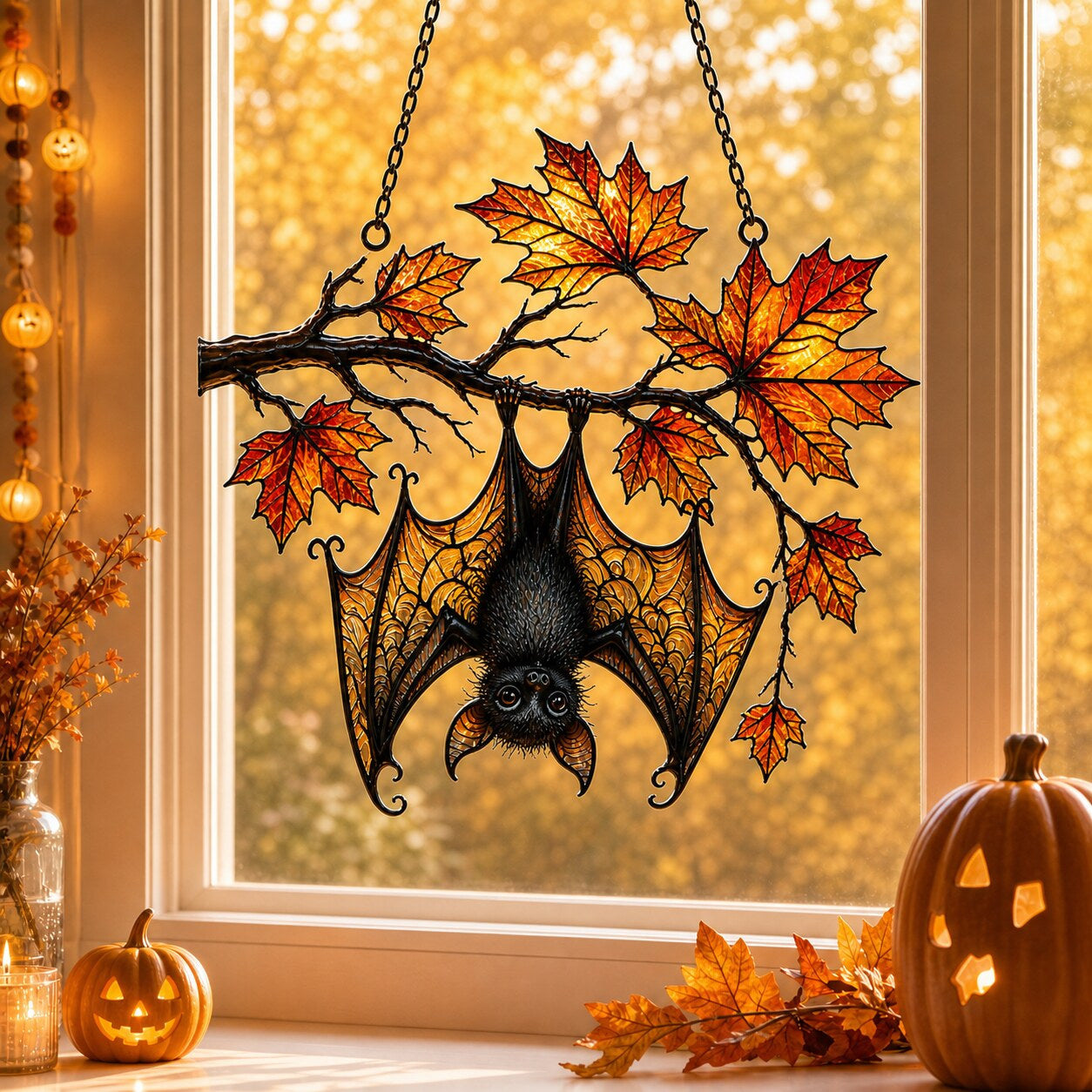 Sleeping Bat under Maple Branch window suncatcher seen against a sunlit garden