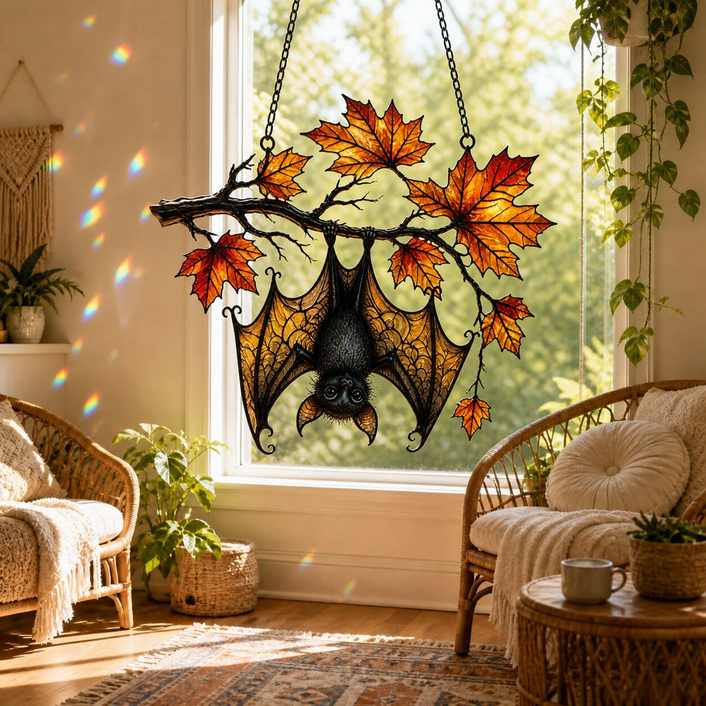 Sleeping Bat under Maple Branch holographic suncatcher hanging in a living room window