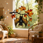 Sleeping Bat under Maple Branch holographic suncatcher hanging in a living room window