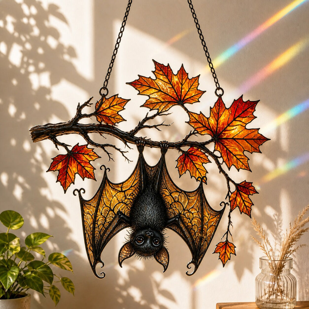 Sleeping Bat under Maple Branch suncatcher displayed in a home window