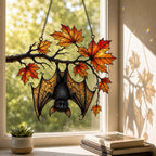Sleeping Bat under Maple Branch holographic acrylic suncatcher in natural daylight