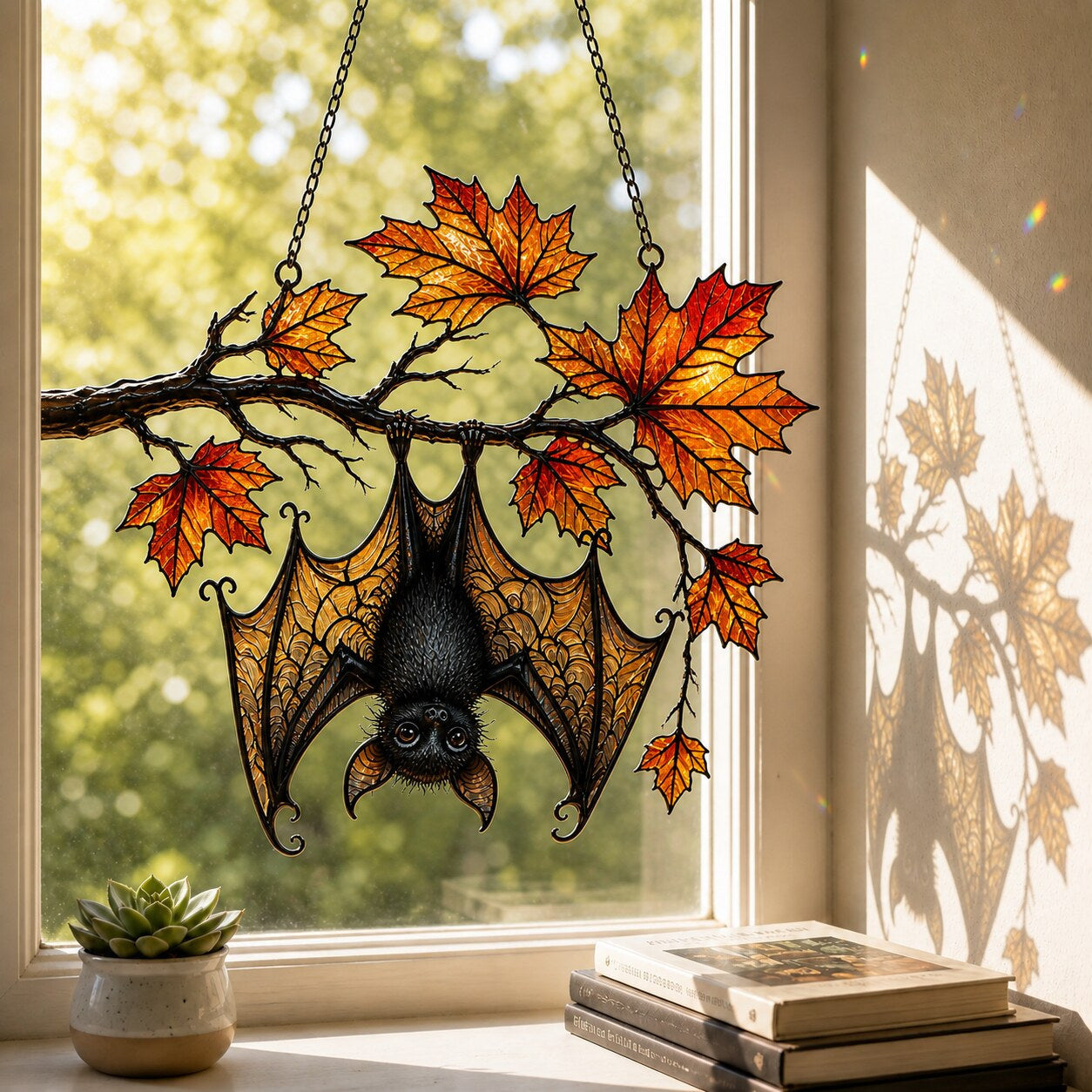 Sleeping Bat under Maple Branch holographic acrylic suncatcher in natural daylight