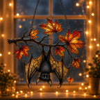 Sleeping Bat under Maple Branch window hanging suncatcher with rainbow light reflections