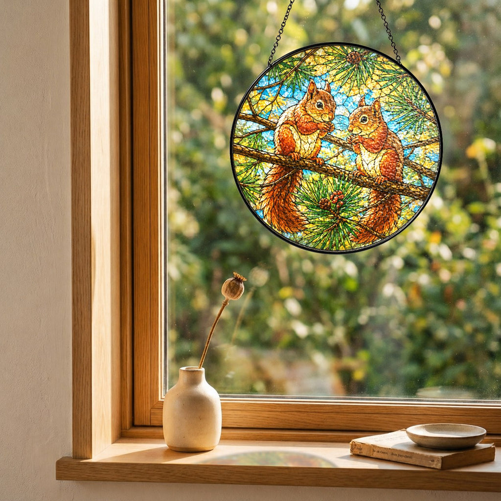 Two red squirrels on a pine branch stained glass suncatcher hanging in a window