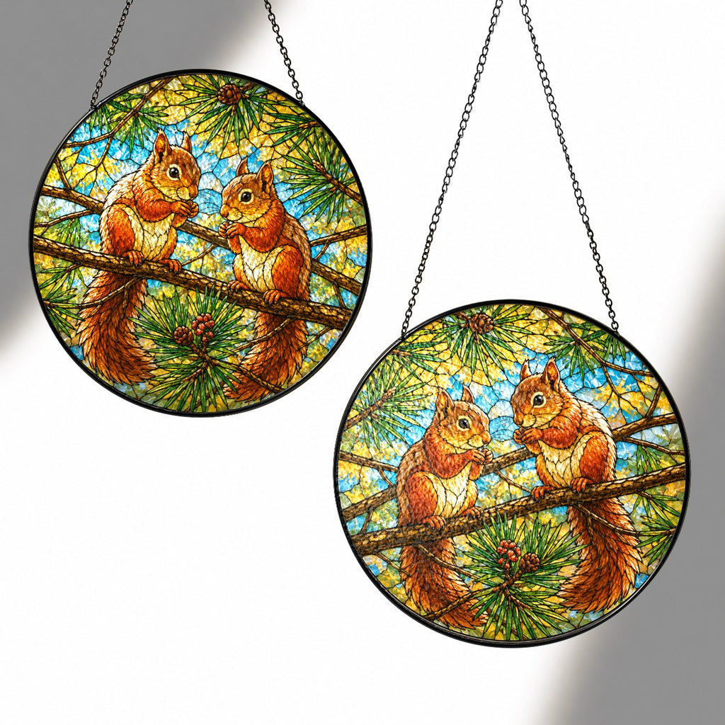 Two Red Squirrels on a Pine Branch Stained Glass Suncatcher