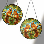 Two Red Squirrels on a Pine Branch Stained Glass Suncatcher