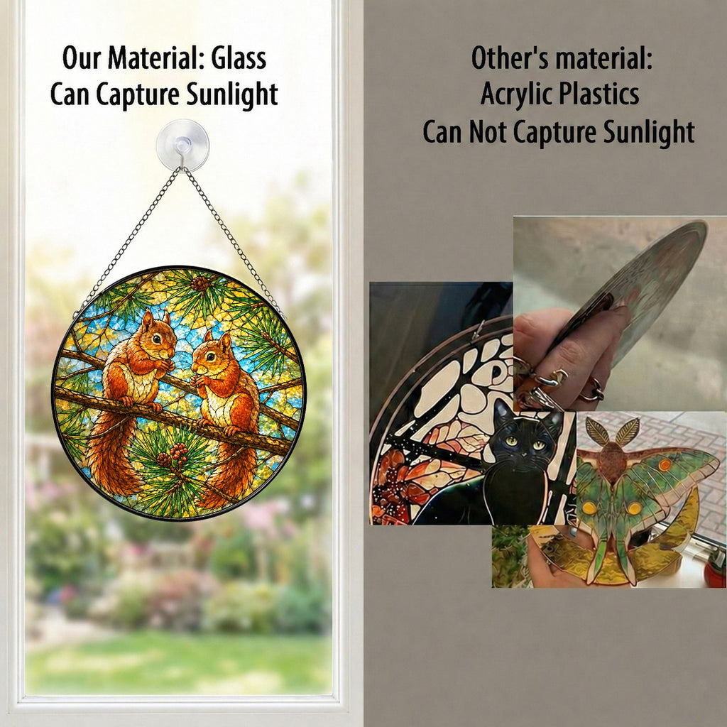 Two Red Squirrels on a Pine Branch Stained Glass Suncatcher