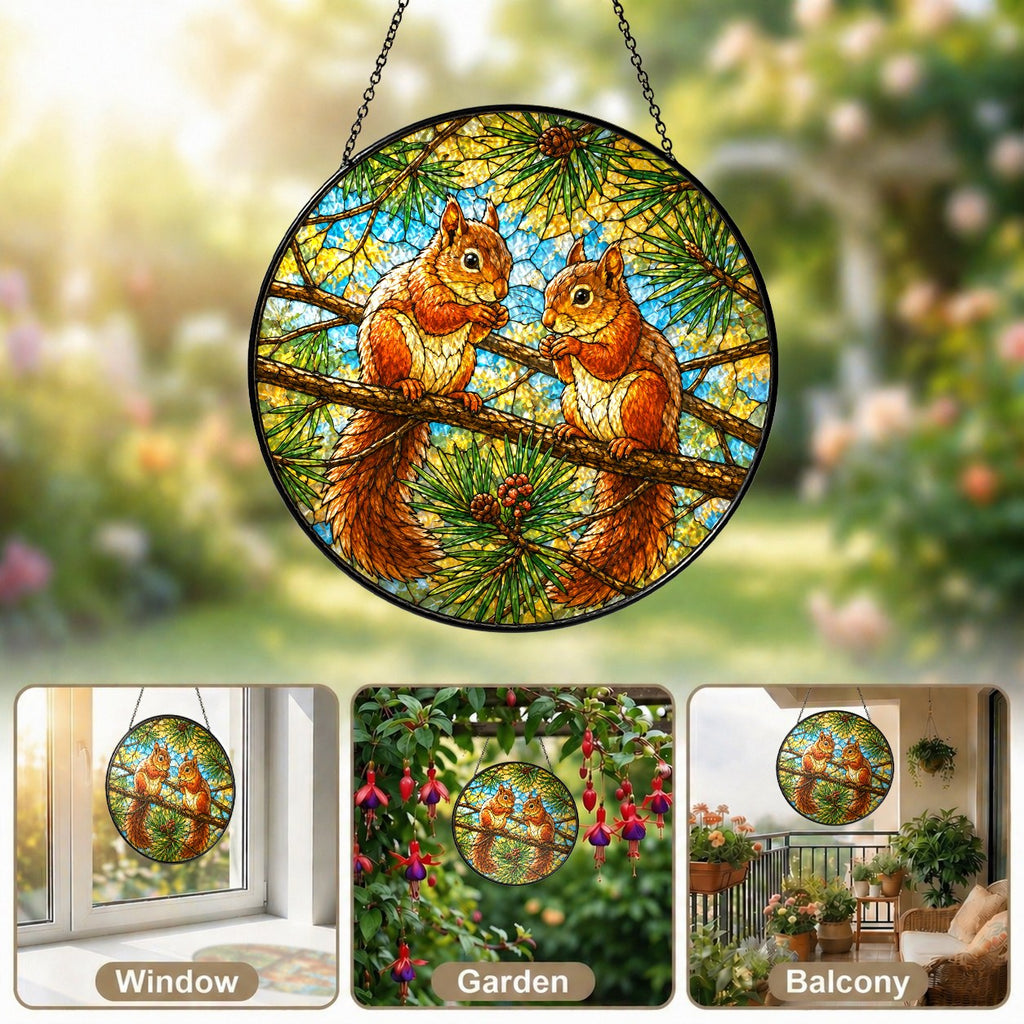 Two Red Squirrels on a Pine Branch Stained Glass Suncatcher